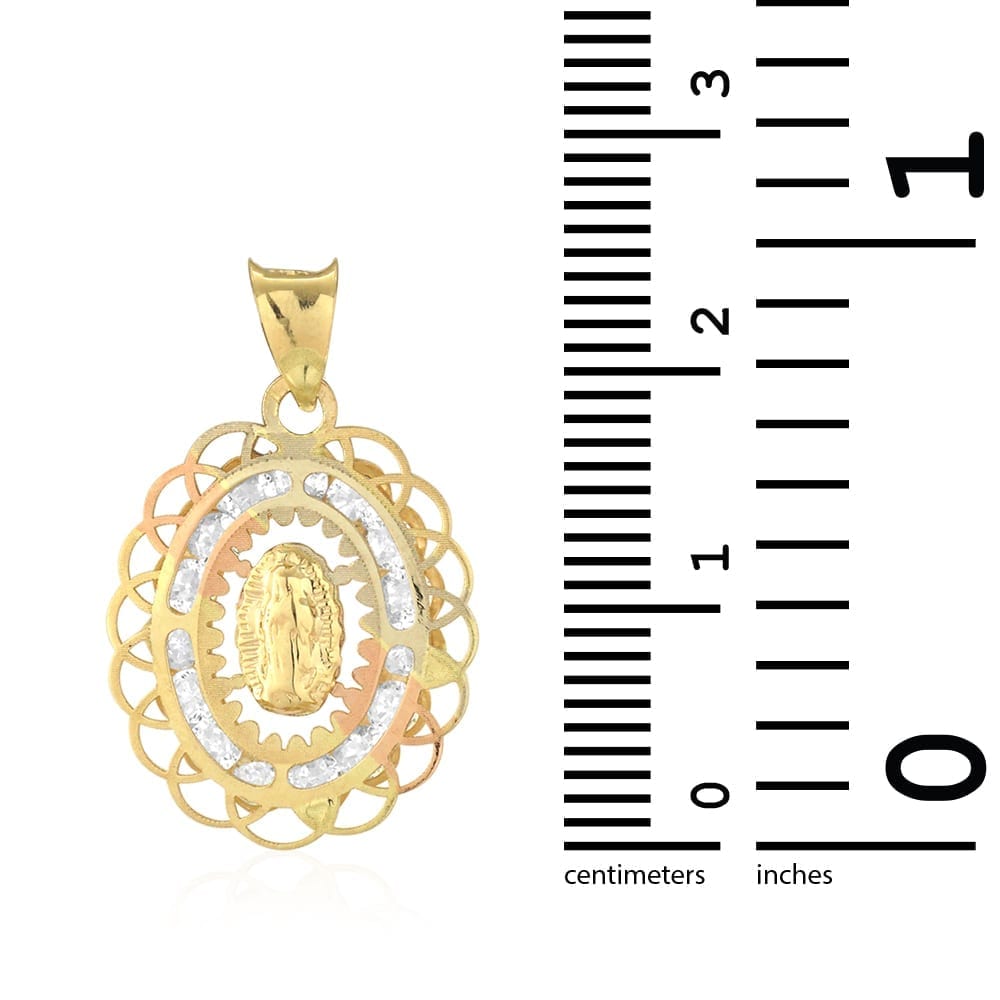 14k Yellow Gold CZ Virgin Mary Oval Charm Pendant 1"