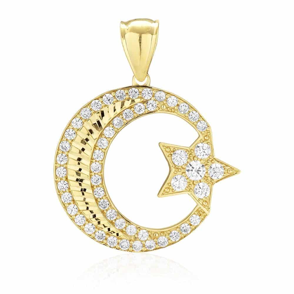 14k Solid Yellow Gold 4.5Ct CZ Star Crescent Religious Pendant 1.6"