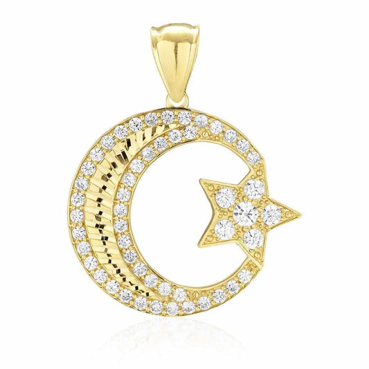 14K Yellow Gold 4.5Ct CZ Star Crescent Religious Pendant 1.6"