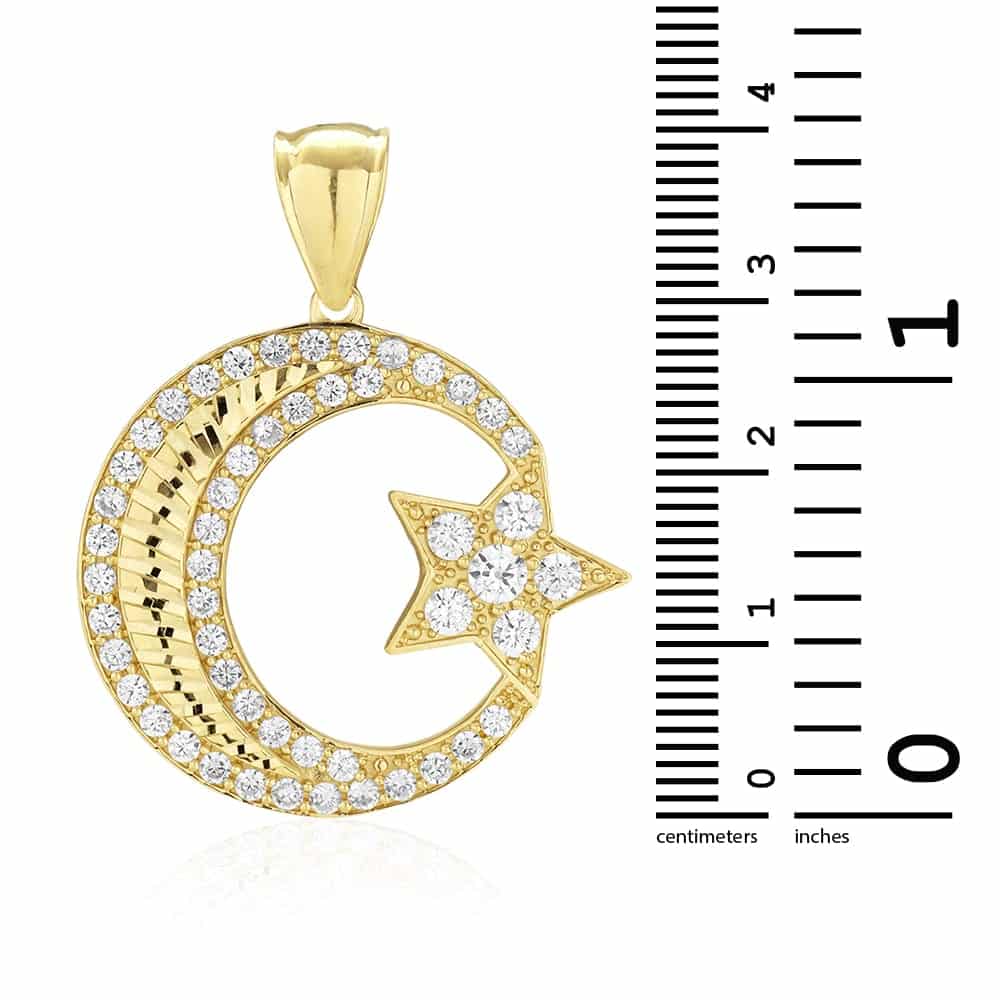 14k Solid Yellow Gold 4.5Ct CZ Star Crescent Religious Pendant 1.6"