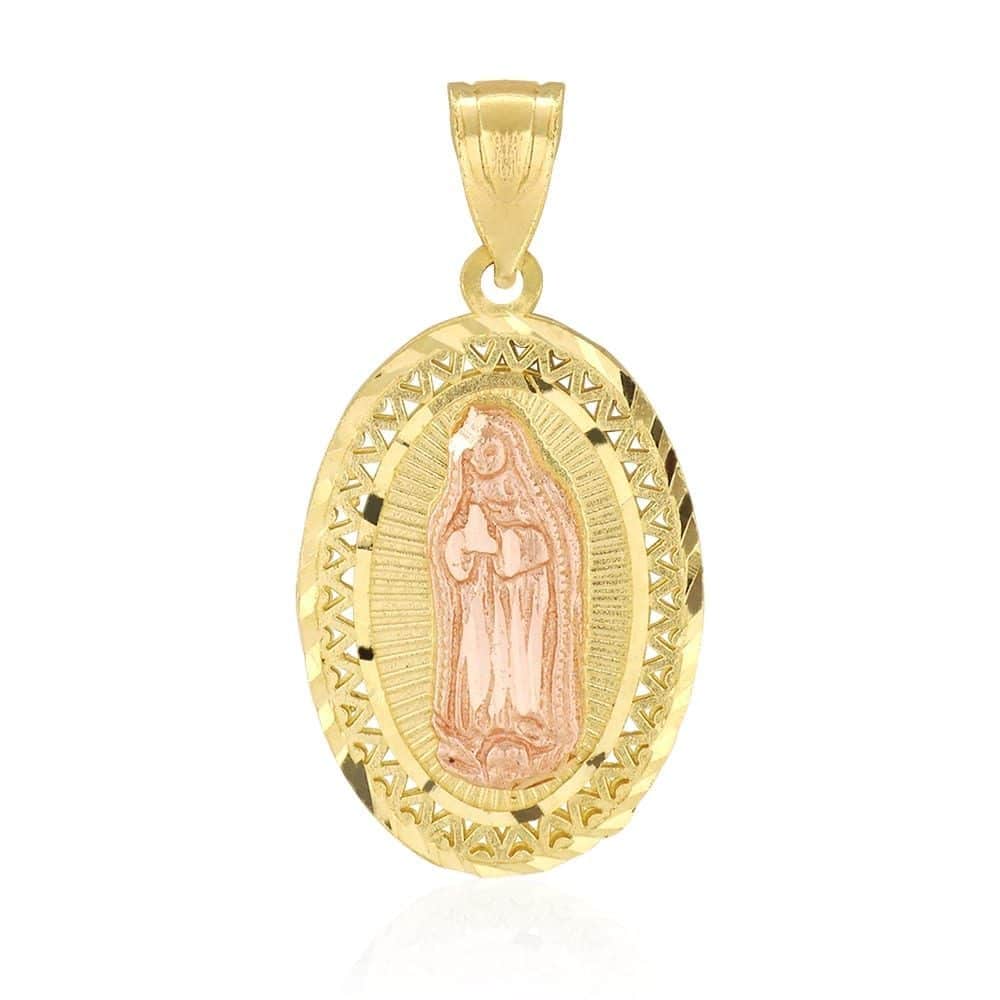 14k Solid Yellow Rose Gold Diamond Cut Our Lady Of Guadalupe Oval Charm Pendant