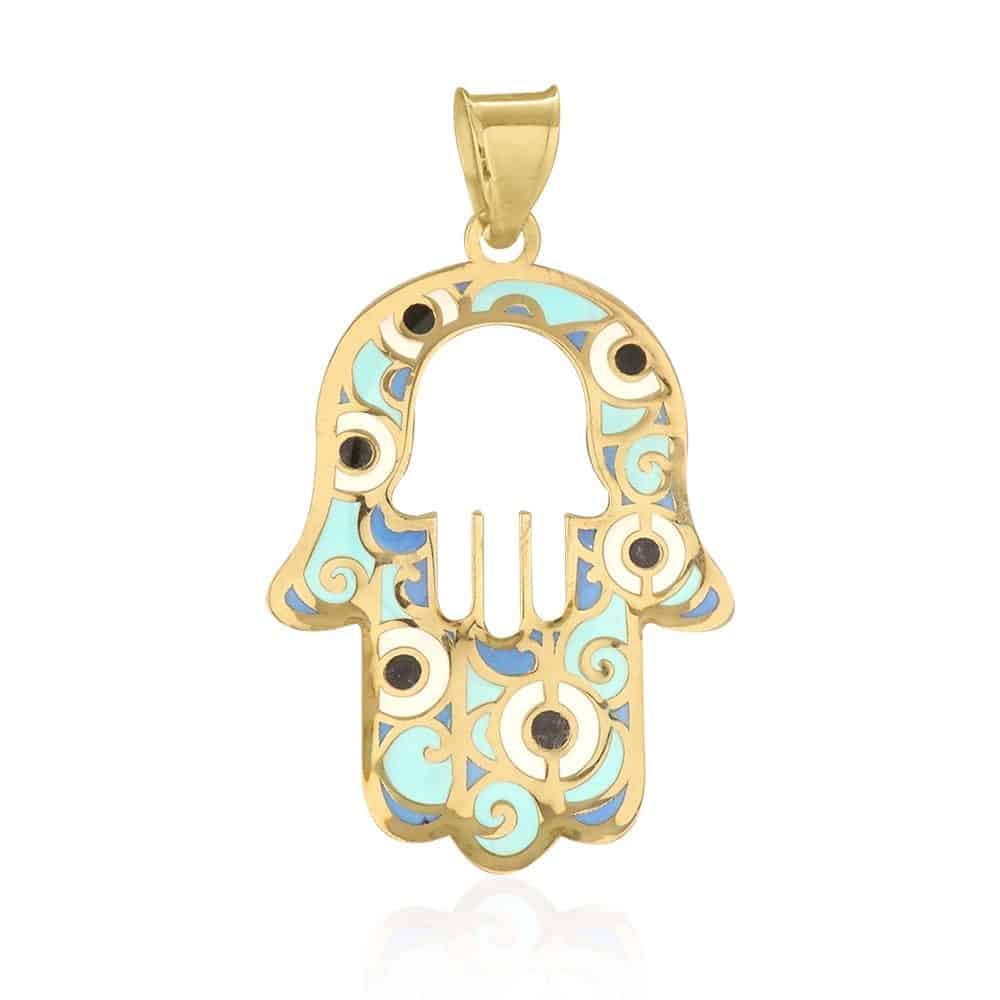 10k Yellow Gold Blue Enamel Evil Eye Swirl Hamsa Hand Of Fatima Pendant