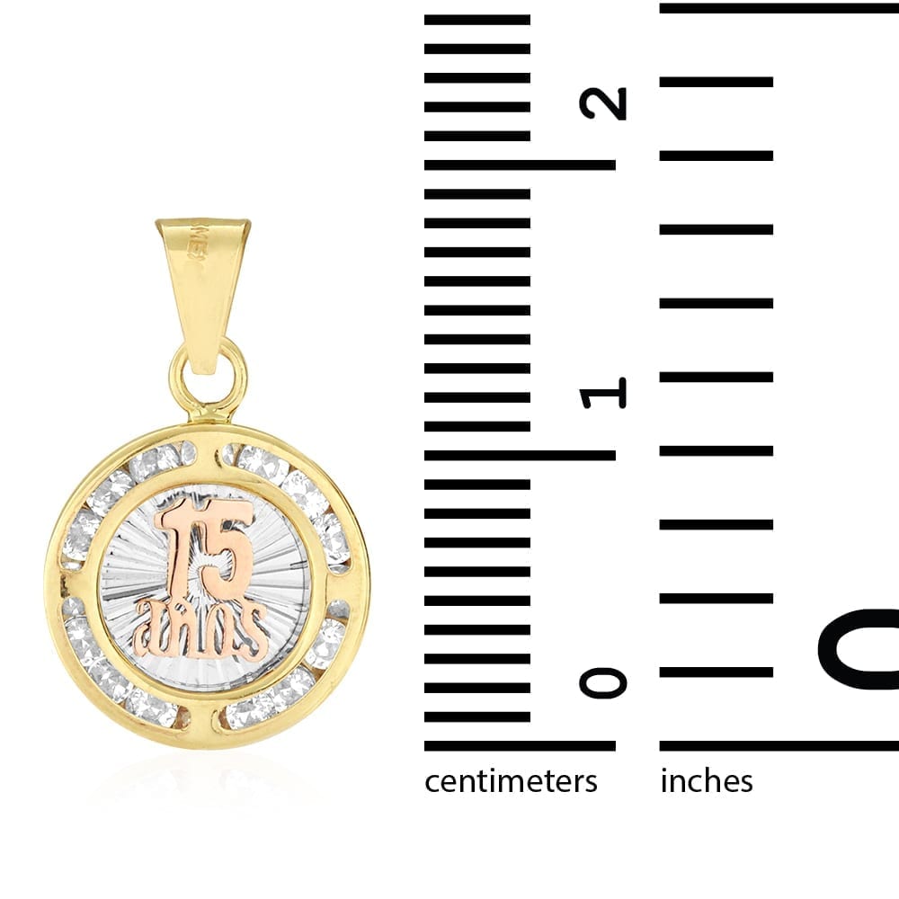 14k Yellow Rose White Gold CZ 15 Años Round Anniversary Pendant