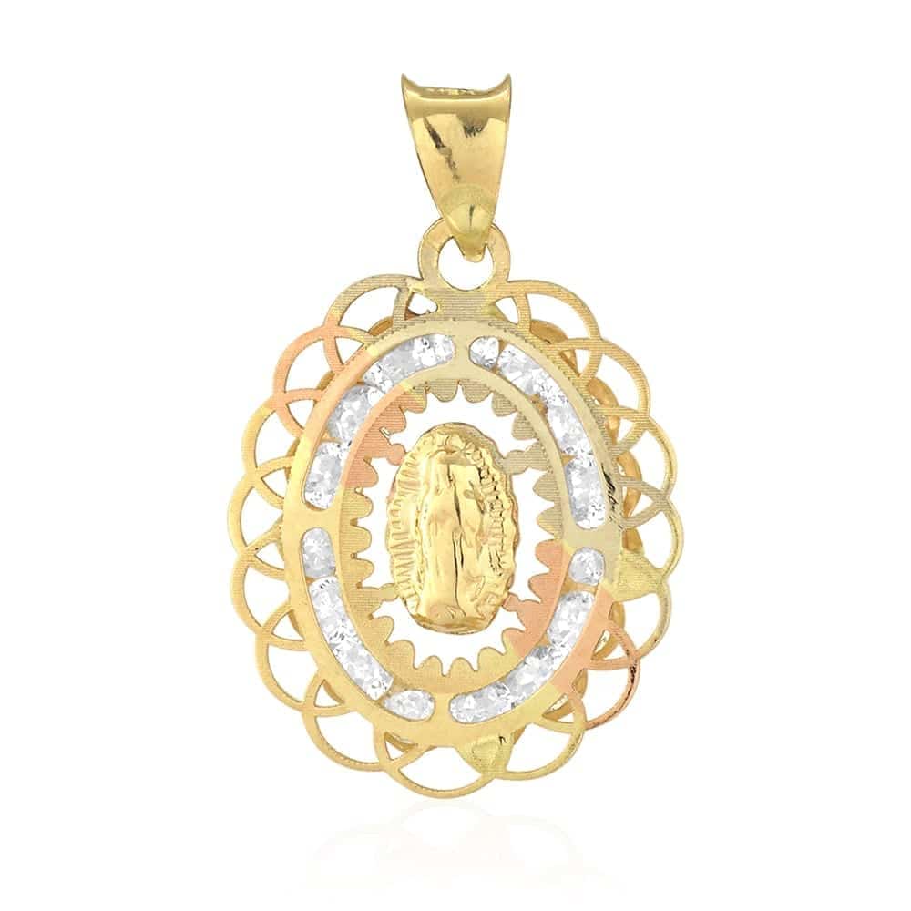 14k Yellow Gold CZ Virgin Mary Oval Charm Pendant 1"