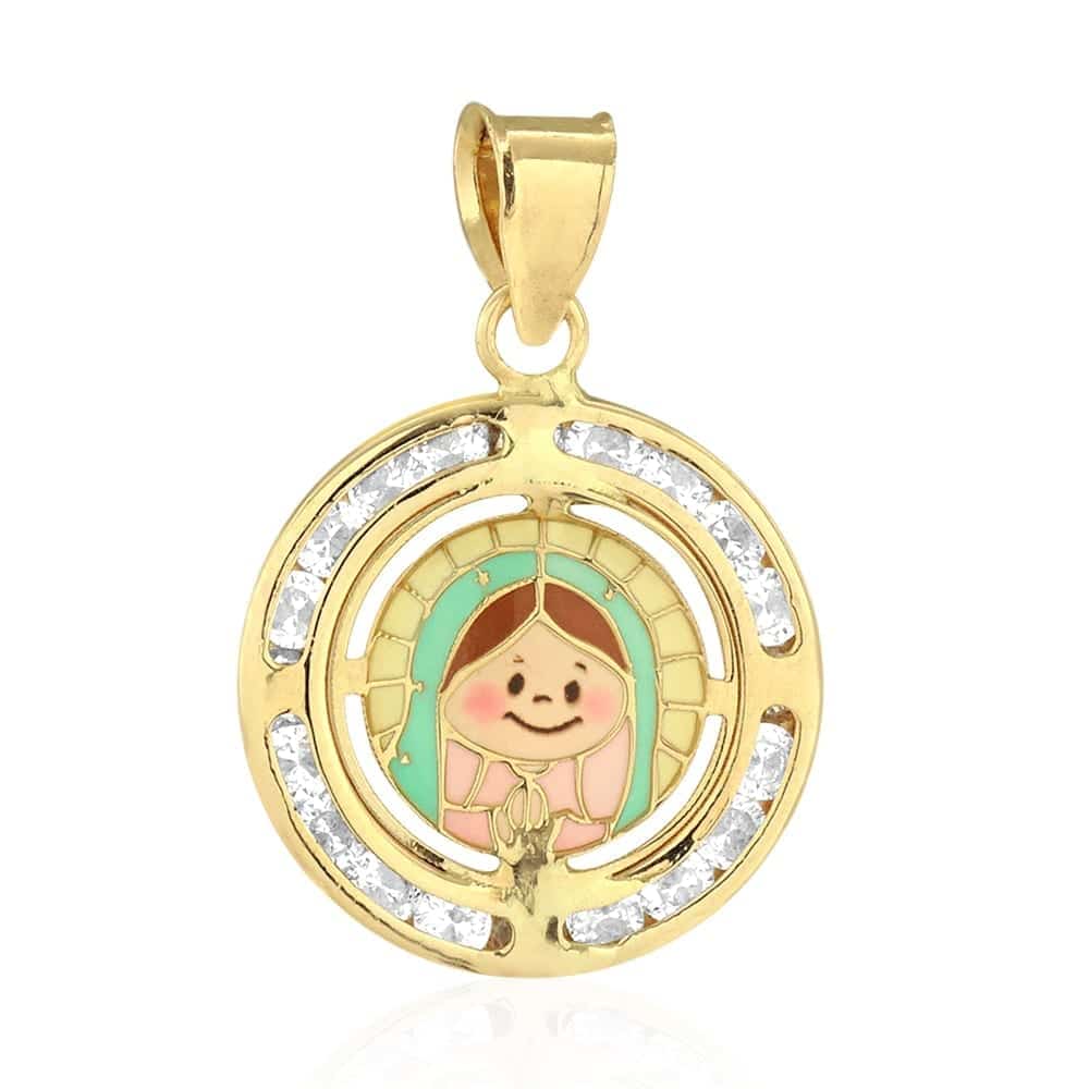 14k Yellow Gold Created Diamond & Enamel Round Virgin Mary Kid's Pendant