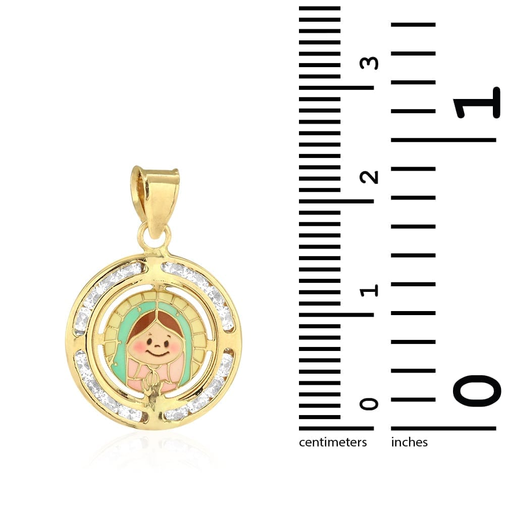 14k Yellow Gold Created Diamond & Enamel Round Virgin Mary Kid's Pendant