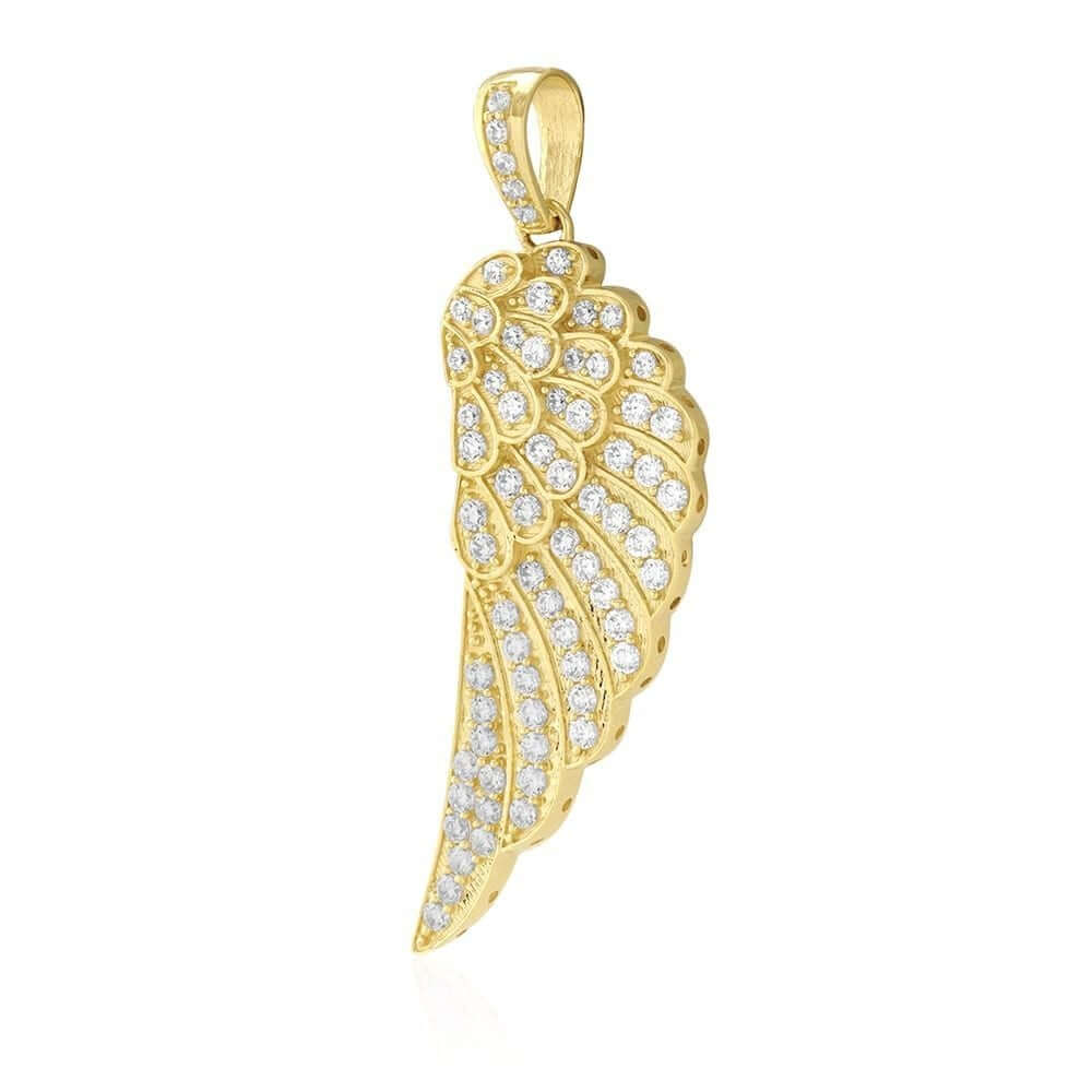 14K Yellow Gold 6Ct CZ Angel Wings Pendant 2.4"