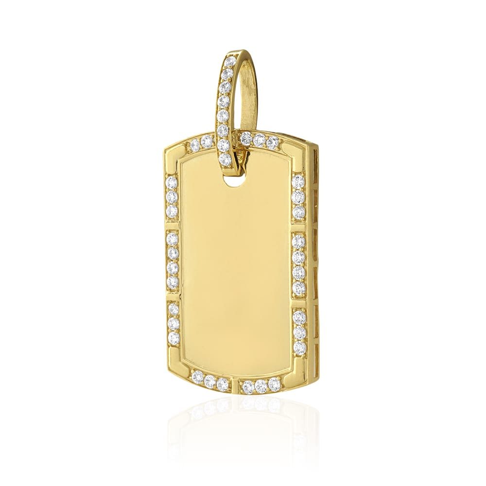Engravable 14K Yellow Gold CZ Personalized Dog Tag Pendant 2"