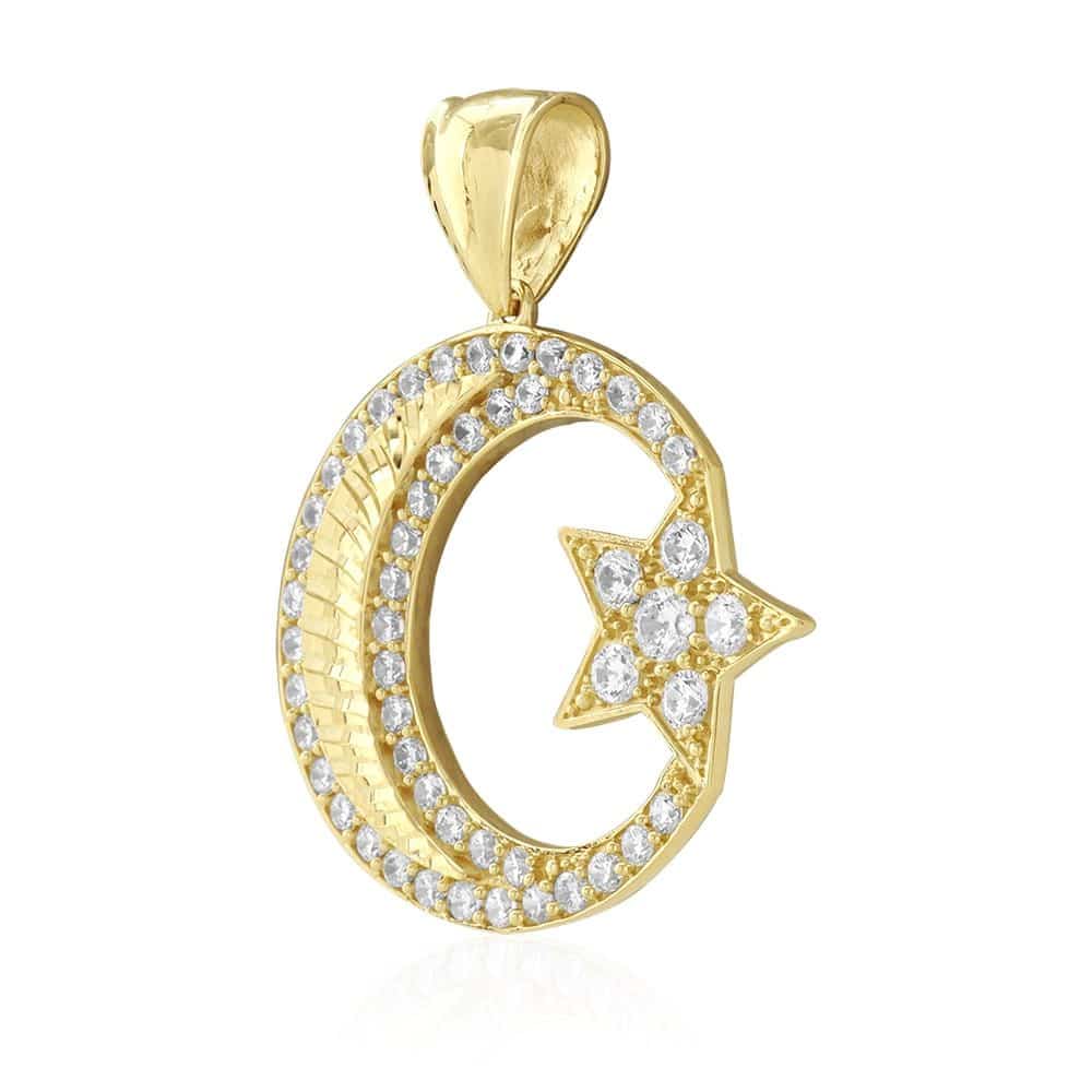 14k Solid Yellow Gold 4.5Ct CZ Star Crescent Religious Pendant 1.6"