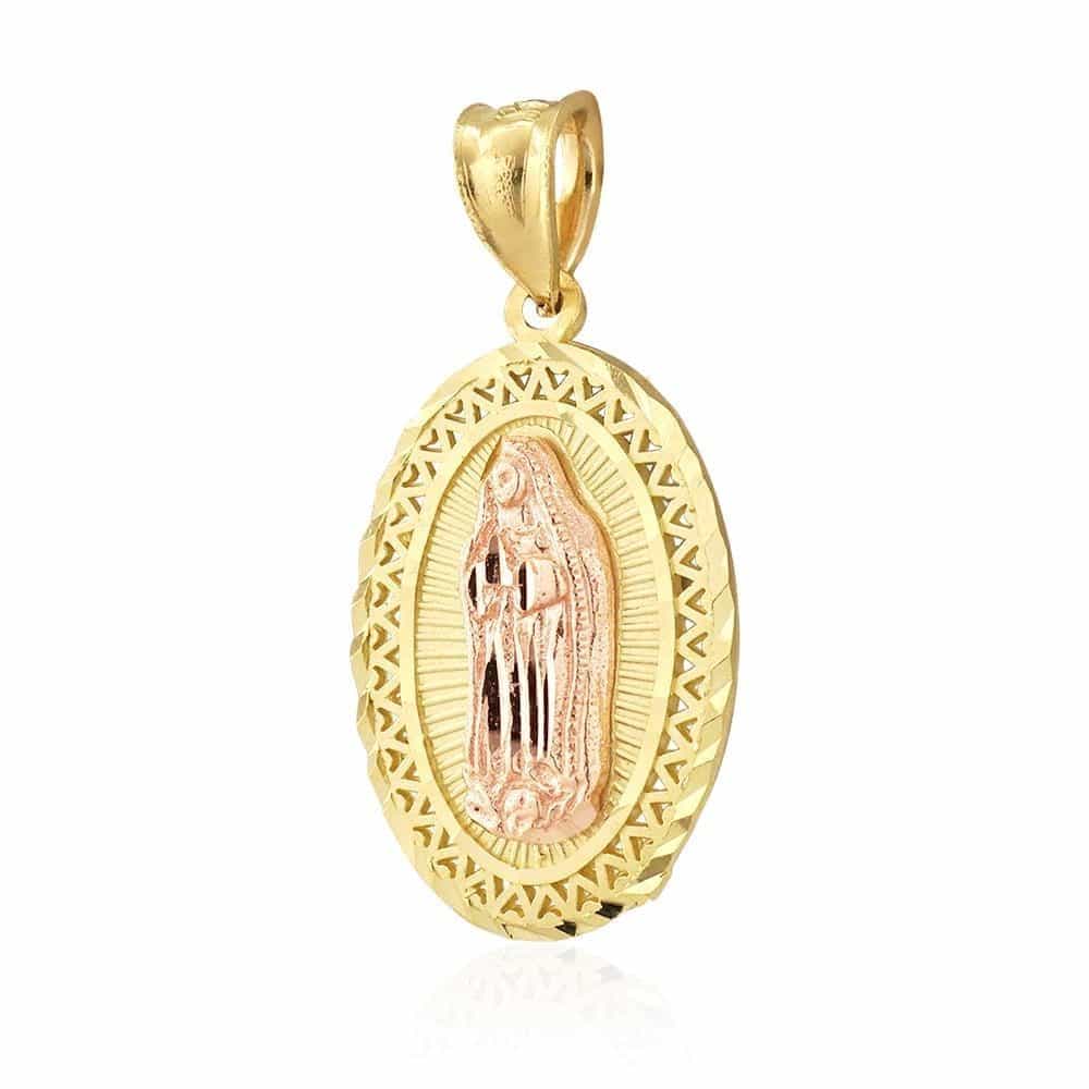 14k Solid Yellow Rose Gold Diamond Cut Our Lady Of Guadalupe Oval Charm Pendant