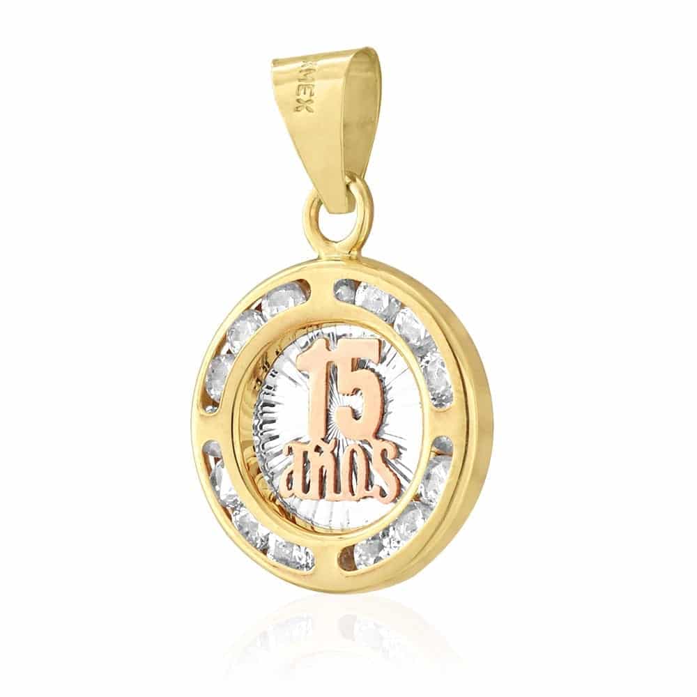 14k Yellow Rose White Gold CZ 15 Años Round Anniversary Pendant