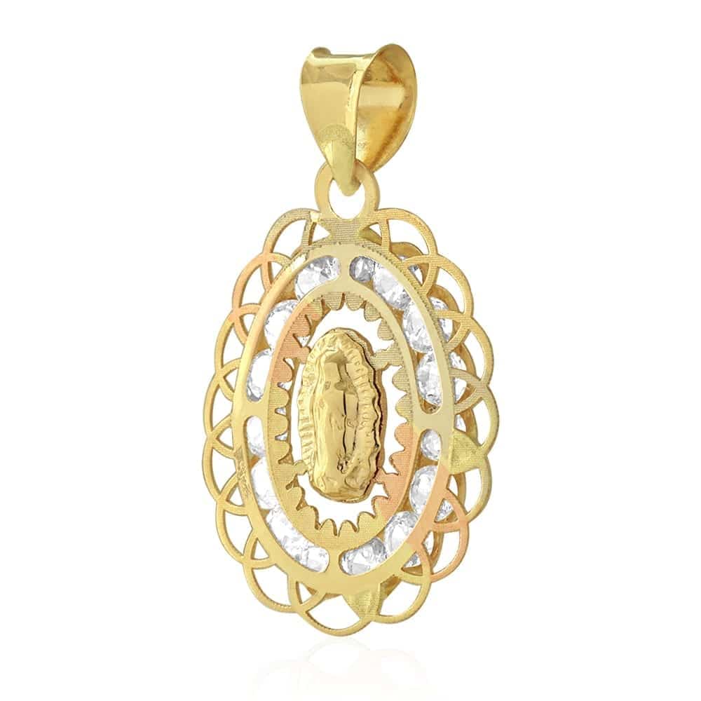 14k Yellow Gold CZ Virgin Mary Oval Charm Pendant 1"