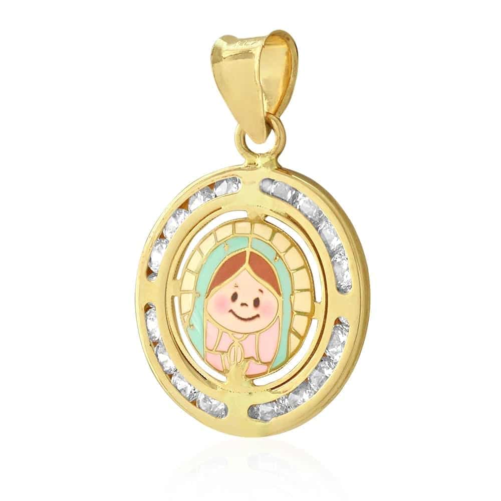 14k Yellow Gold Created Diamond & Enamel Round Virgin Mary Kid's Pendant