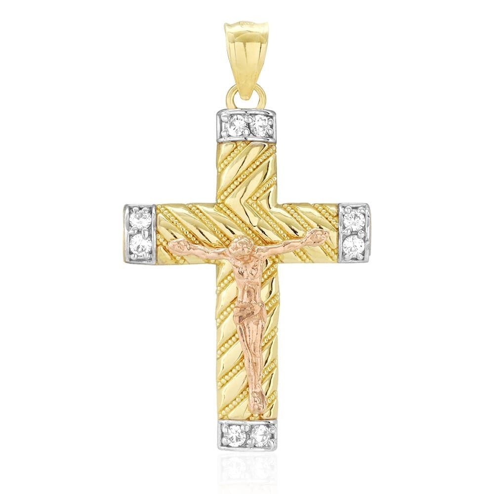 14k Solid Yellow White Rose Gold Jesus Crucifix CZ Pendant