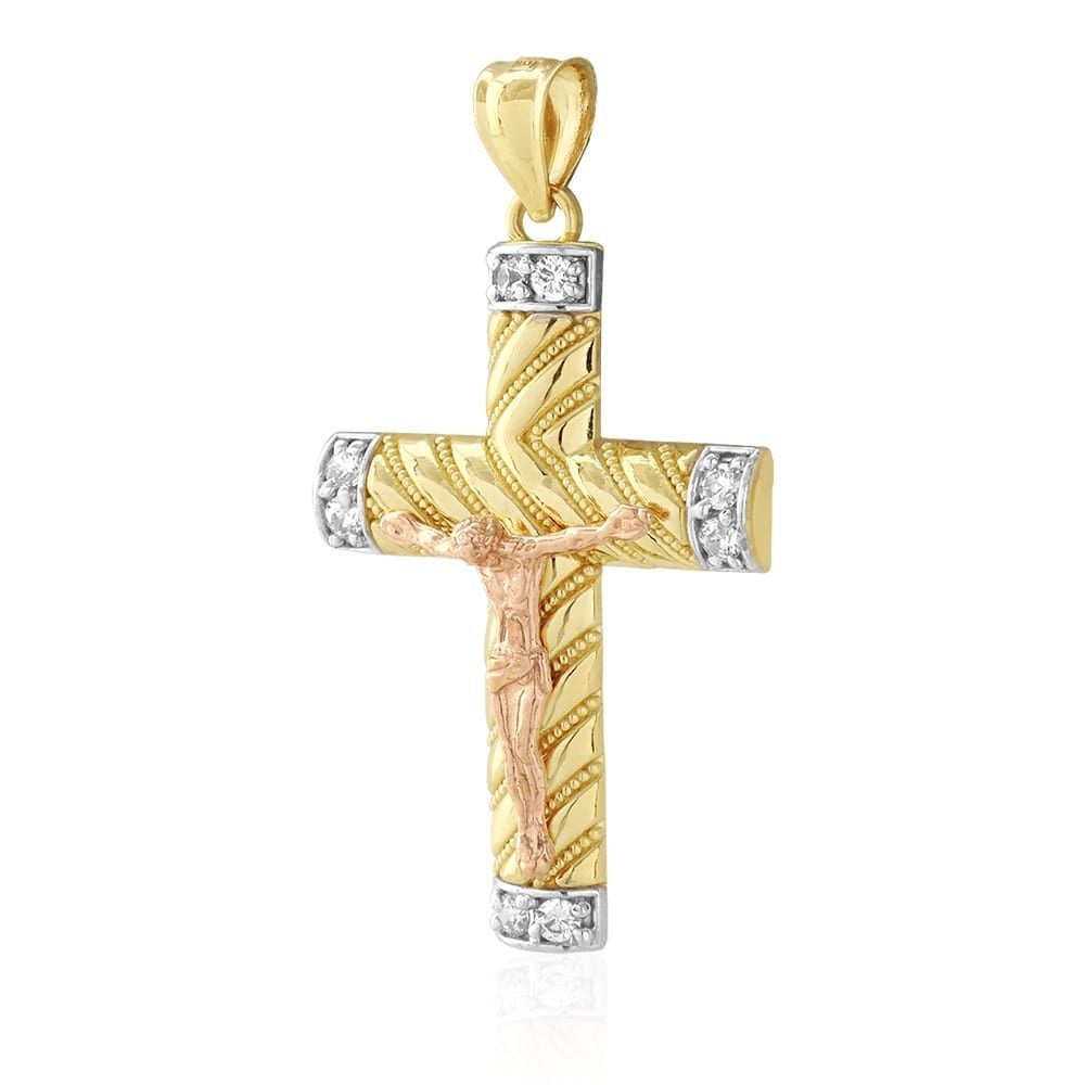 14k Solid Yellow White Rose Gold Jesus Crucifix CZ Pendant