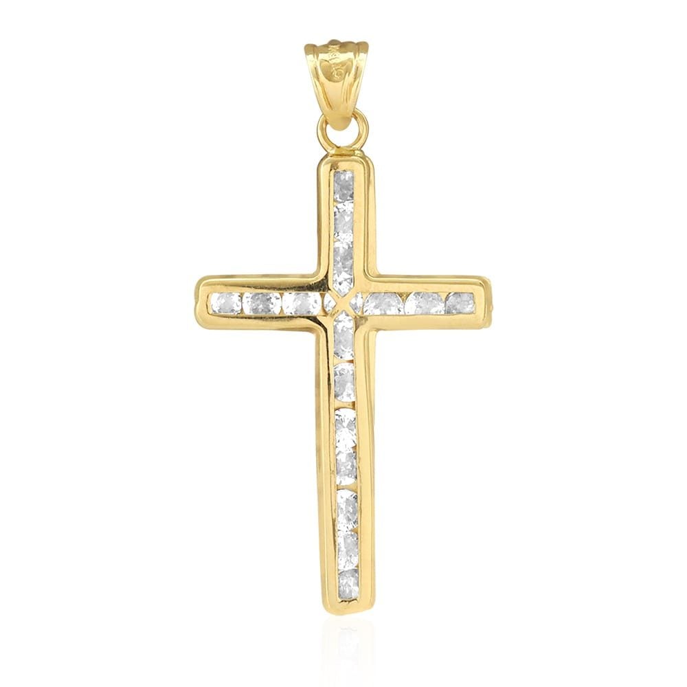14k Solid Yellow Gold CZ Christian Cross Pendant