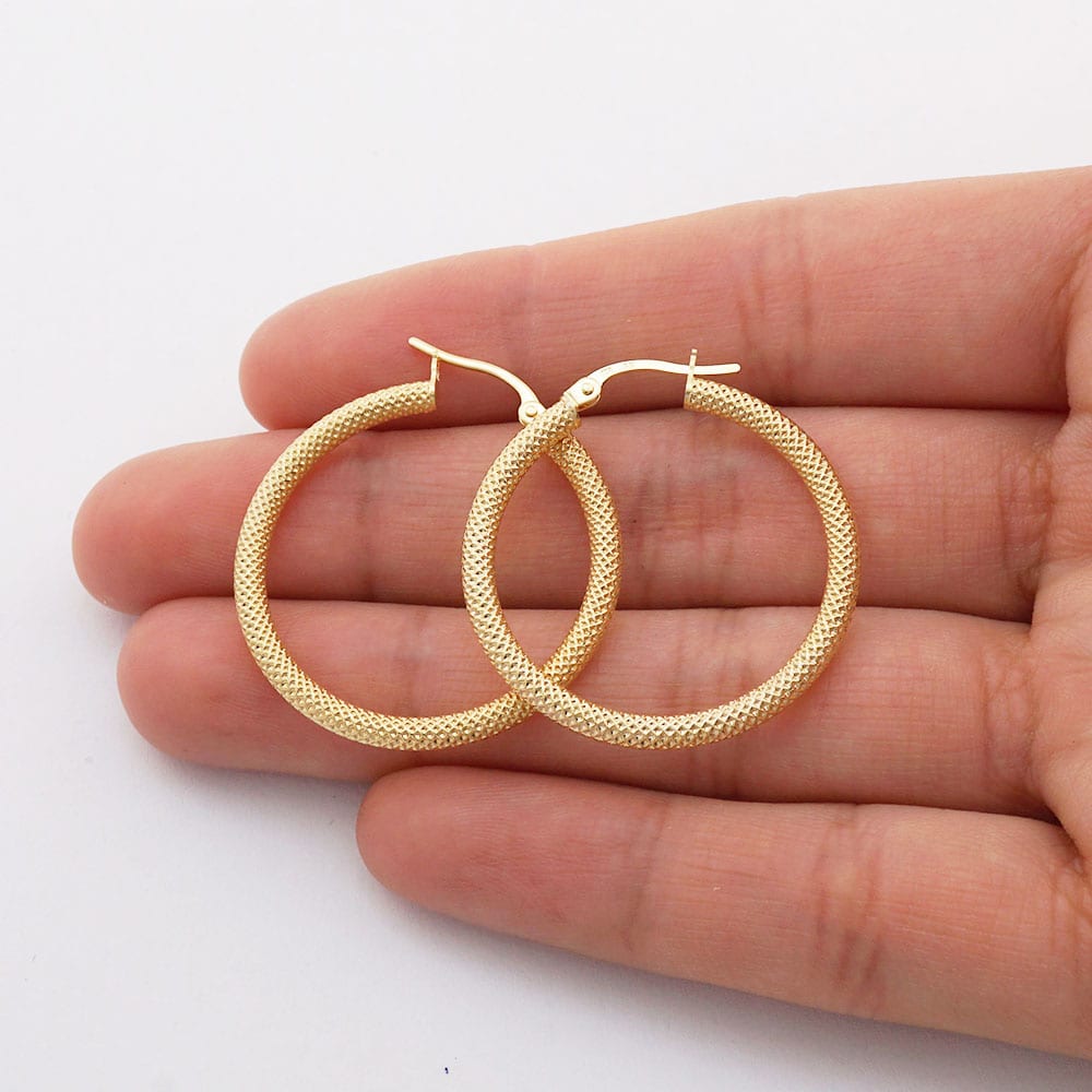 14k Yellow Gold Mesh Style Textured Fancy Hinged Snapback Hoop Earrings