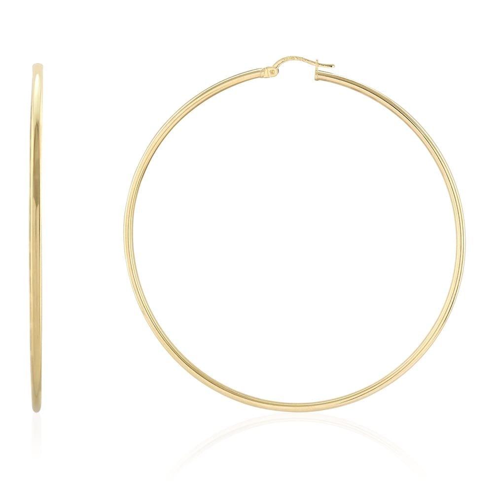 14k Yellow Gold 2mm Thick Plain Hoop Hinged Snapback Earrings 70mm