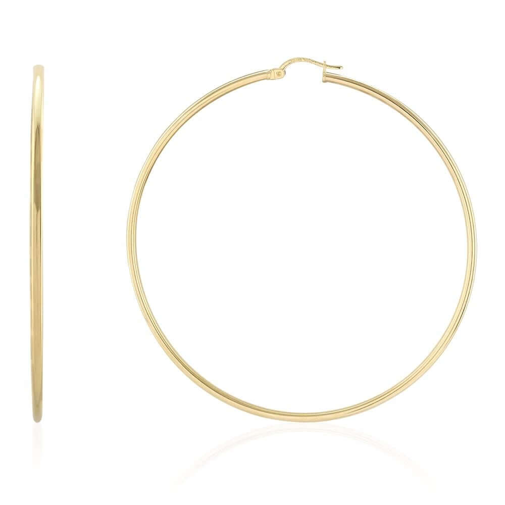 14k Yellow Gold 2mm Thick Plain Hoop Hinged Snapback Earrings 70mm