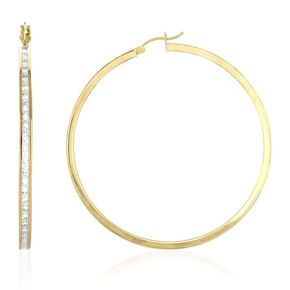 14K Yellow Gold Channel Set Princess-Cut CZ Hoop Earrings 12mm-60mm