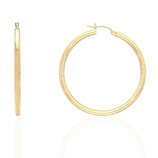 Solid 14K Yellow Gold 3mm Diamond Cut Huggie Hoop Earrings 2"