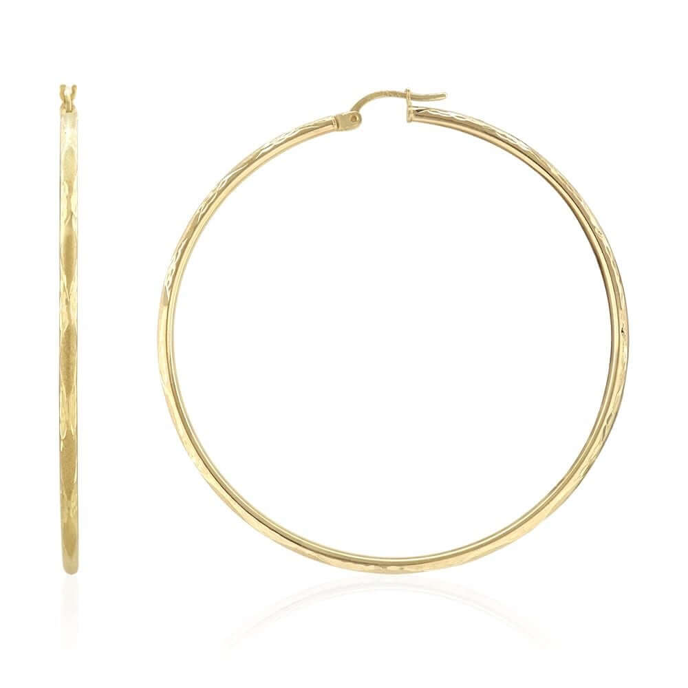 14k Yellow Gold 2mm Thick Textured Diamond-Cut Hoop Earrings
