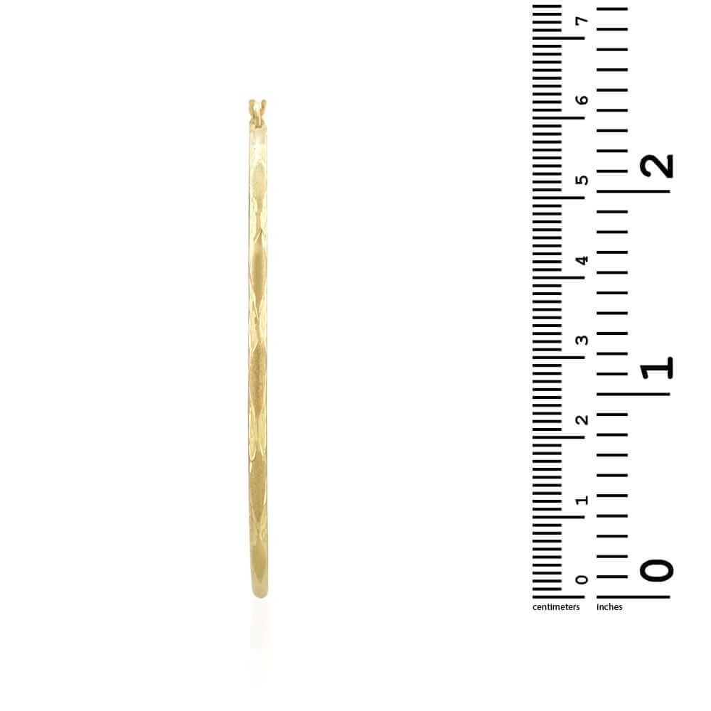 14k Yellow Gold 2mm Thick Textured Diamond-Cut Hoop Earrings