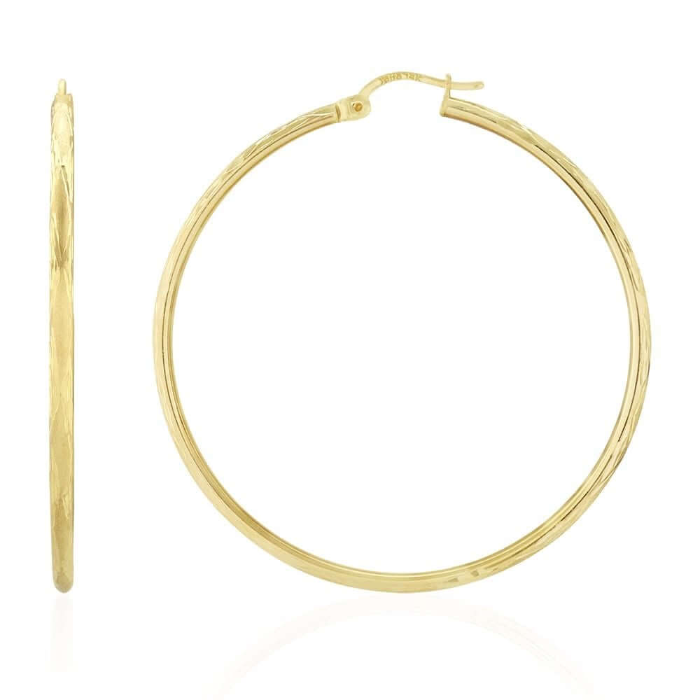 14k Yellow Gold 2mm Thick Textured Diamond-Cut Hoop Earrings