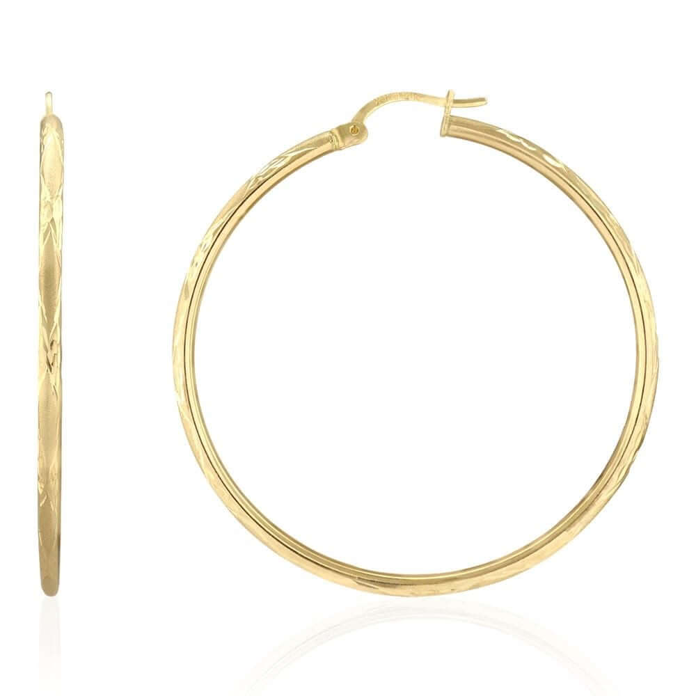 14k Yellow Gold 2mm Thick Textured Diamond-Cut Hoop Earrings