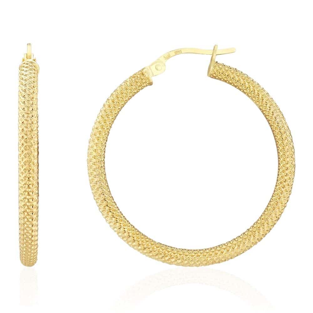 14k Yellow Gold Mesh Style Textured Fancy Hinged Snapback Hoop Earrings