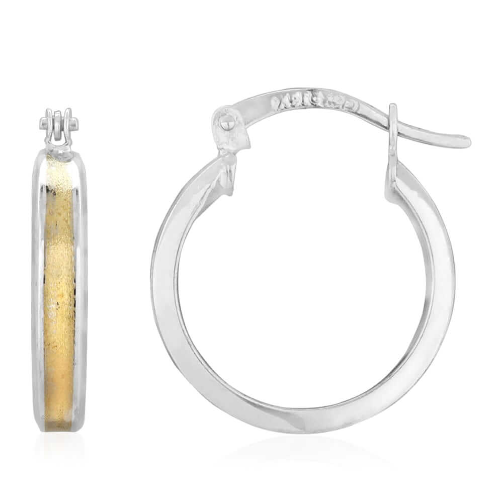 14k Yellow & White Gold Two Tone Satin Finish Textured Snapback Hoop Earrings