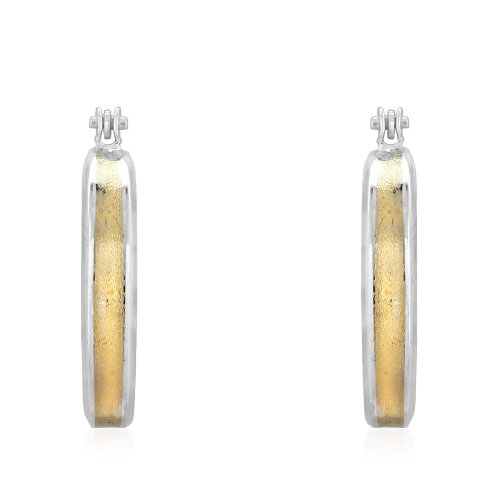 14k Yellow & White Gold Two Tone Satin Finish Textured Snapback Hoop Earrings