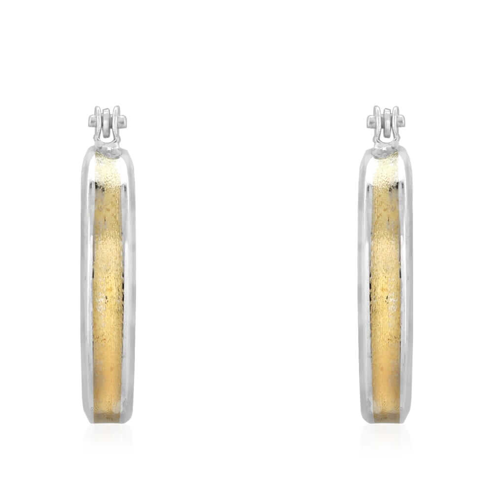 14k Yellow & White Gold Two Tone Satin Finish Textured Snapback Hoop Earrings