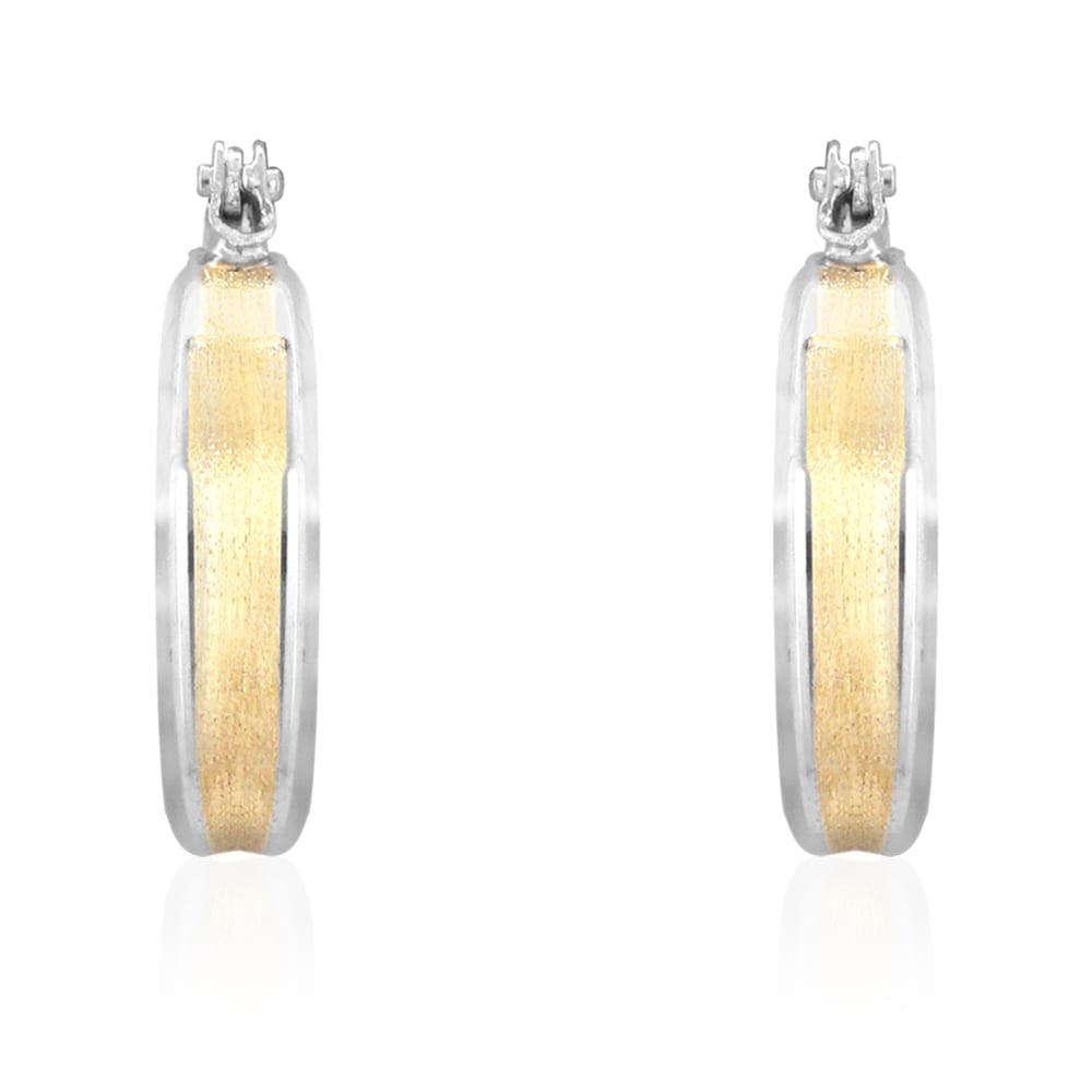 14k Yellow & White Gold Two Tone Satin Finish Textured Snapback Hoop Earrings