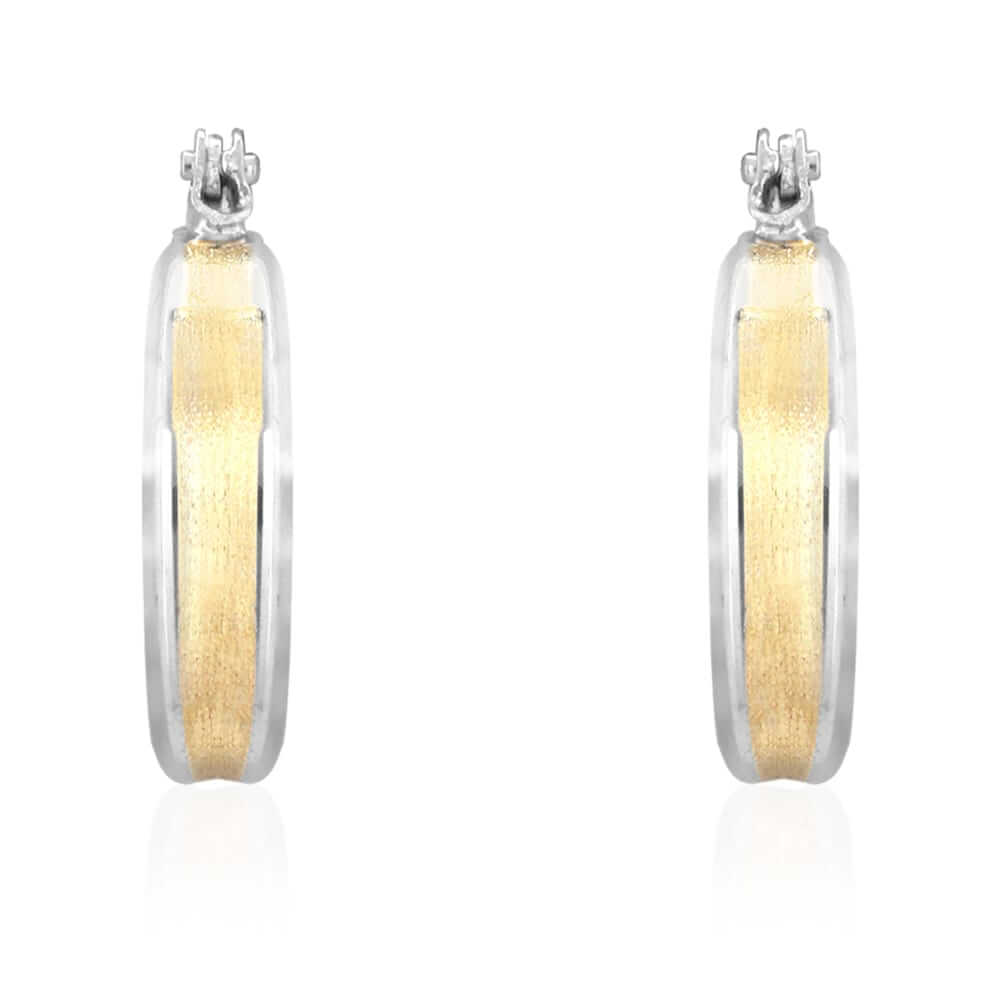 14k Yellow & White Gold Two Tone Satin Finish Textured Snapback Hoop Earrings