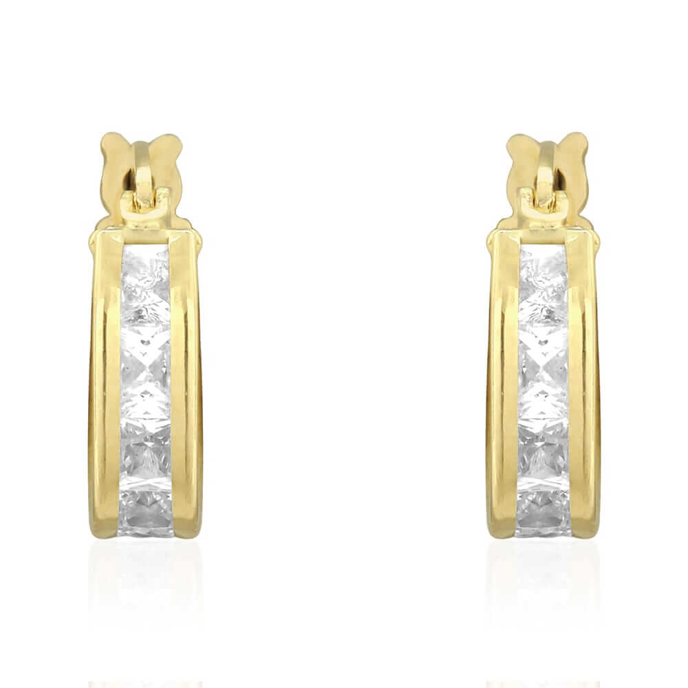 14k Yellow Gold 3.5mm Princess-Cut Channel Set Hinged Snapback Hoop Earrings