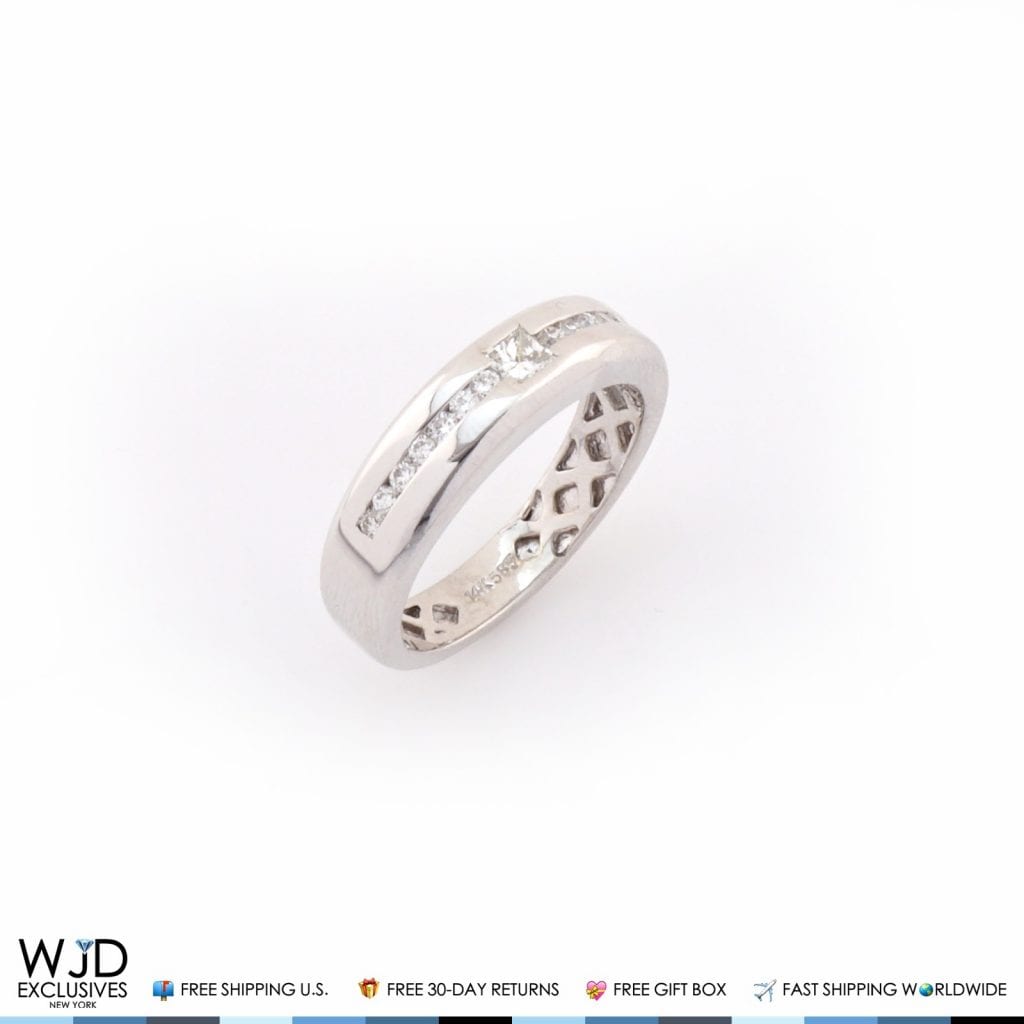 0.95Ct Real Diamond Princess Cut Solid 14k Gold White 6mm Wedding Band Ring