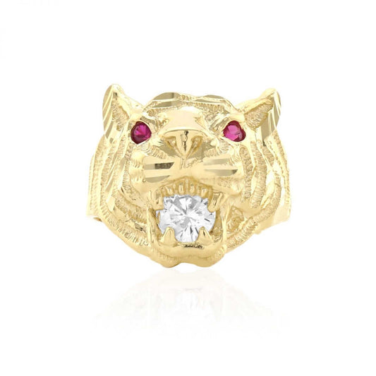 10k Gold Yellow Simulated Ruby Diamond Tiger Head Signet Ring