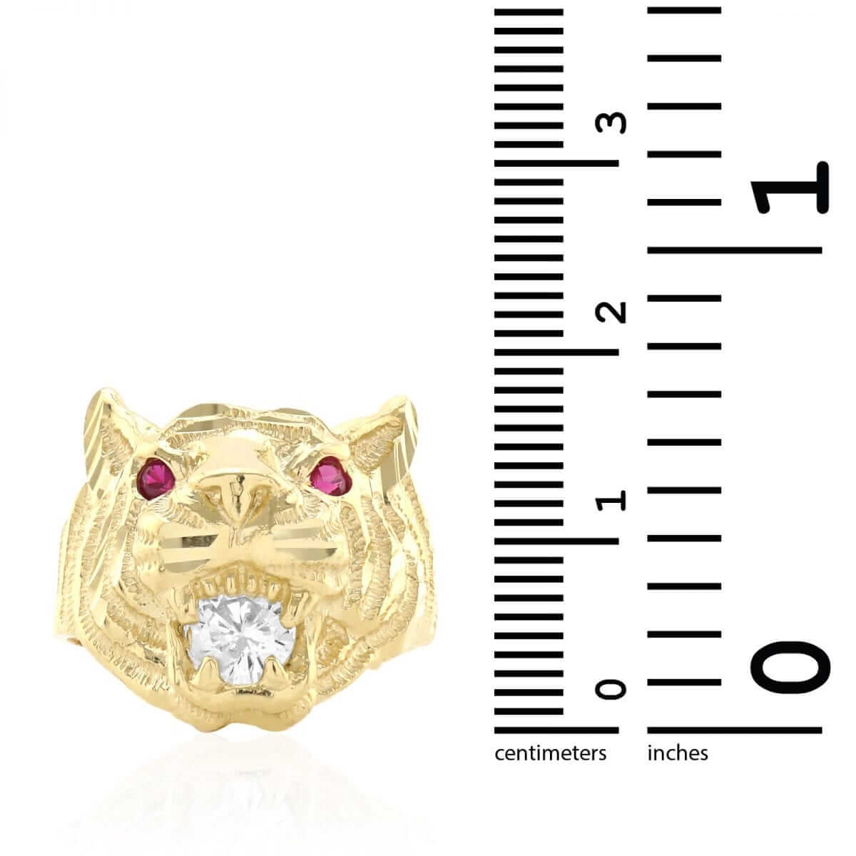 10k Gold Yellow Simulated Ruby Diamond Tiger Head Signet Ring