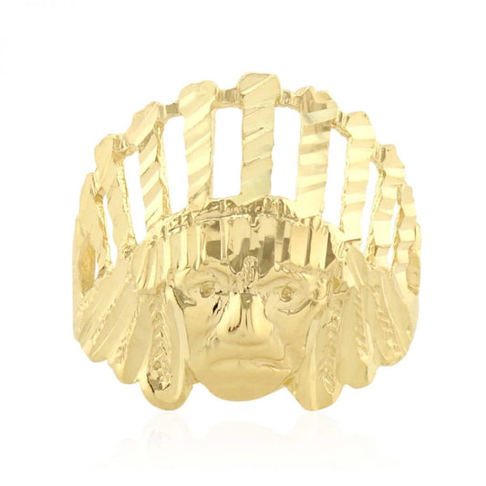 Solid 10K Gold Yellow Diamond-Cut Apache Chief Head Native Men's Ring