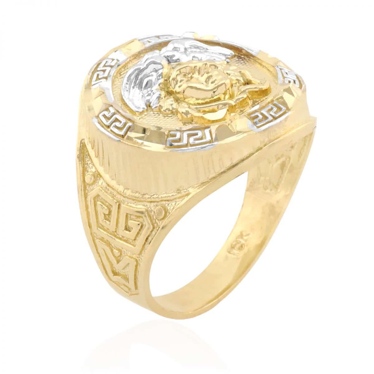 Solid 10k Real Gold Yellow Diamond Cut Style Medusa Round Men’s Signet Ring