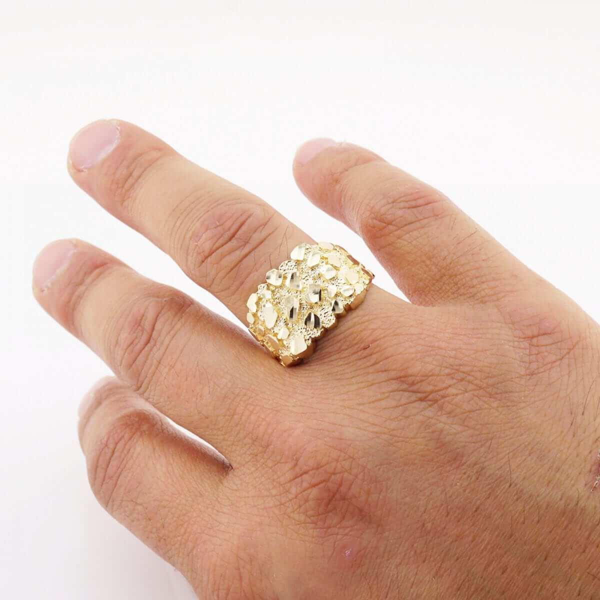 Solid 10K Gold Yellow Diamond-Cut Pattern Nugget Ring