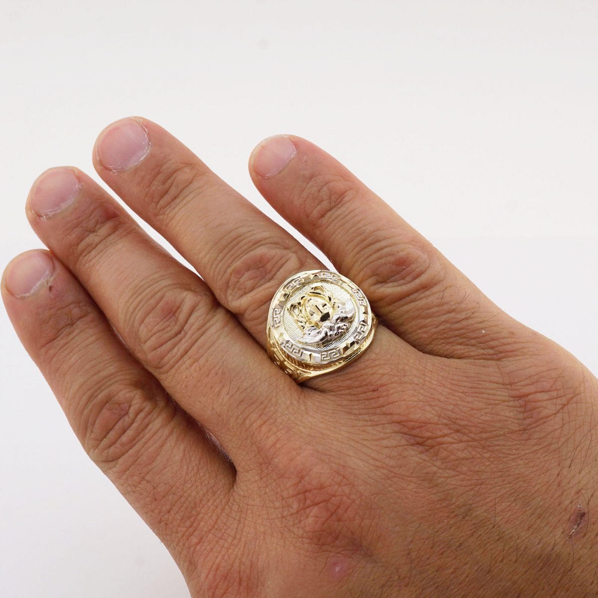 Solid 10k Real Gold Yellow Diamond Cut Style Medusa Round Men’s Signet Ring