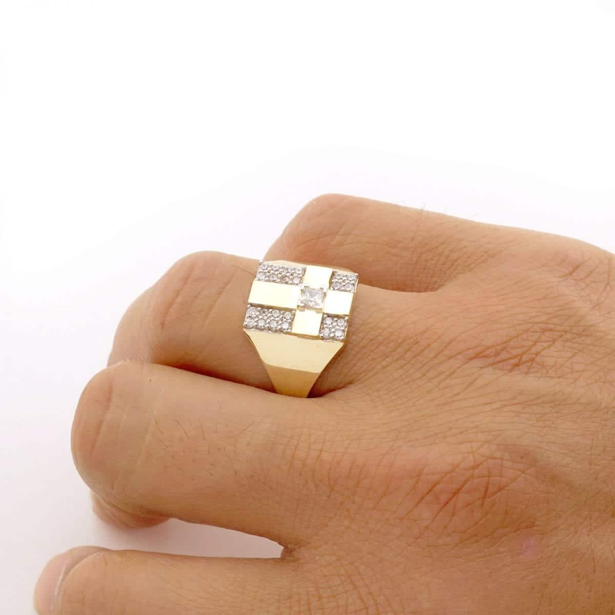 10k Solid Yellow Gold Created Diamond Pave Set Cross Men's Signet Ring