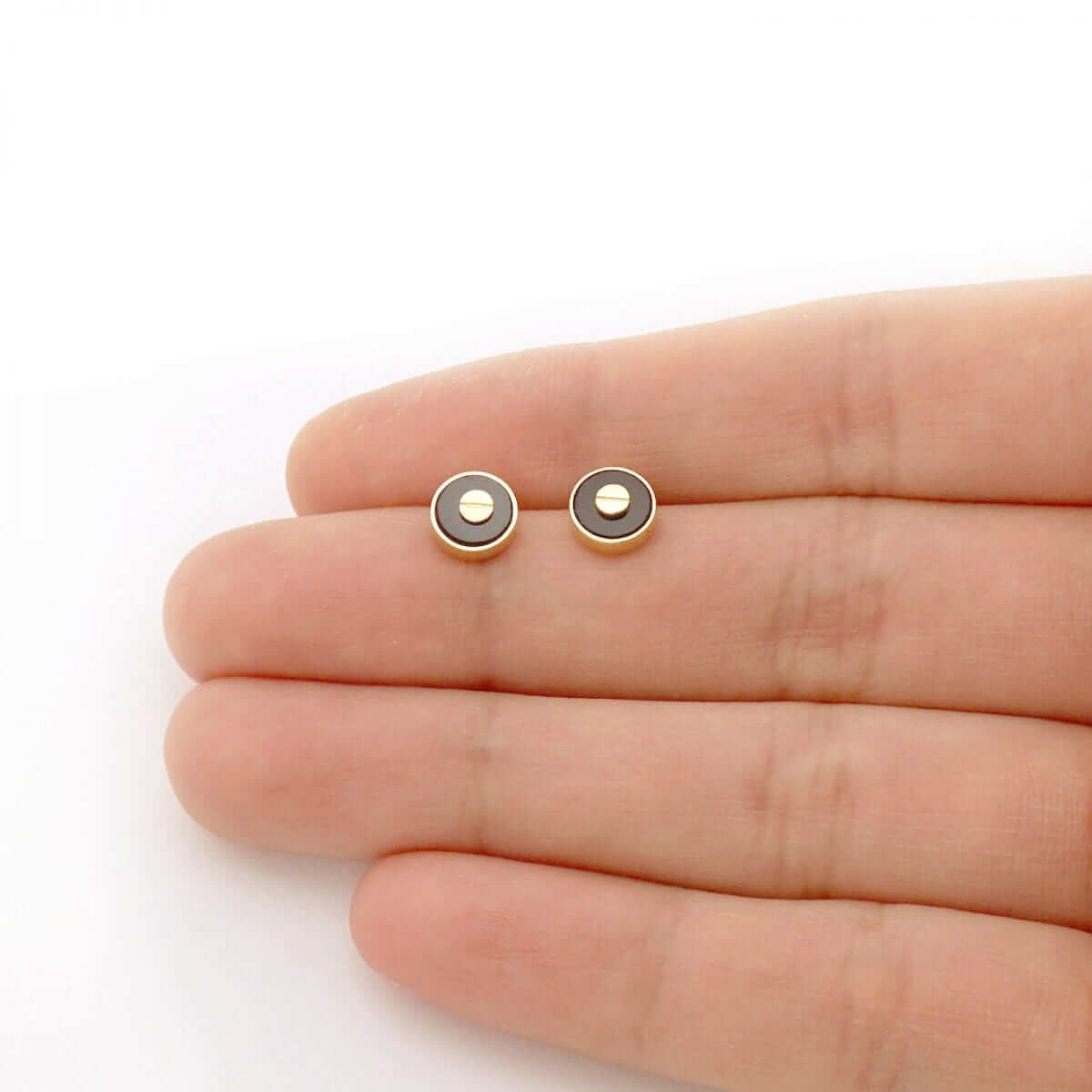 Black Onyx Round Button Shaped 14k Yellow Gold Stud Screw Back Earrings