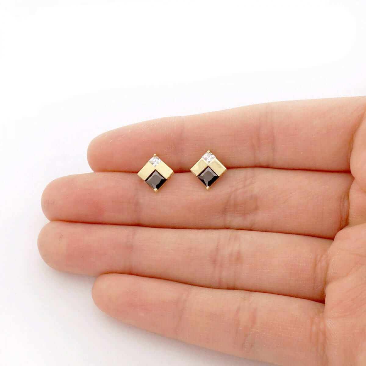 Square Real Onyx & CZ Screwback Stud Earrings 14k Yellow Gold