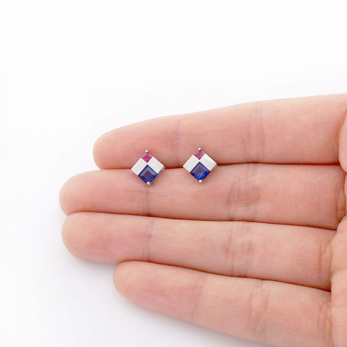 Princess Cut Sapphire & Ruby Gemstone Screwback Stud Earrings 14k Yellow Gold
