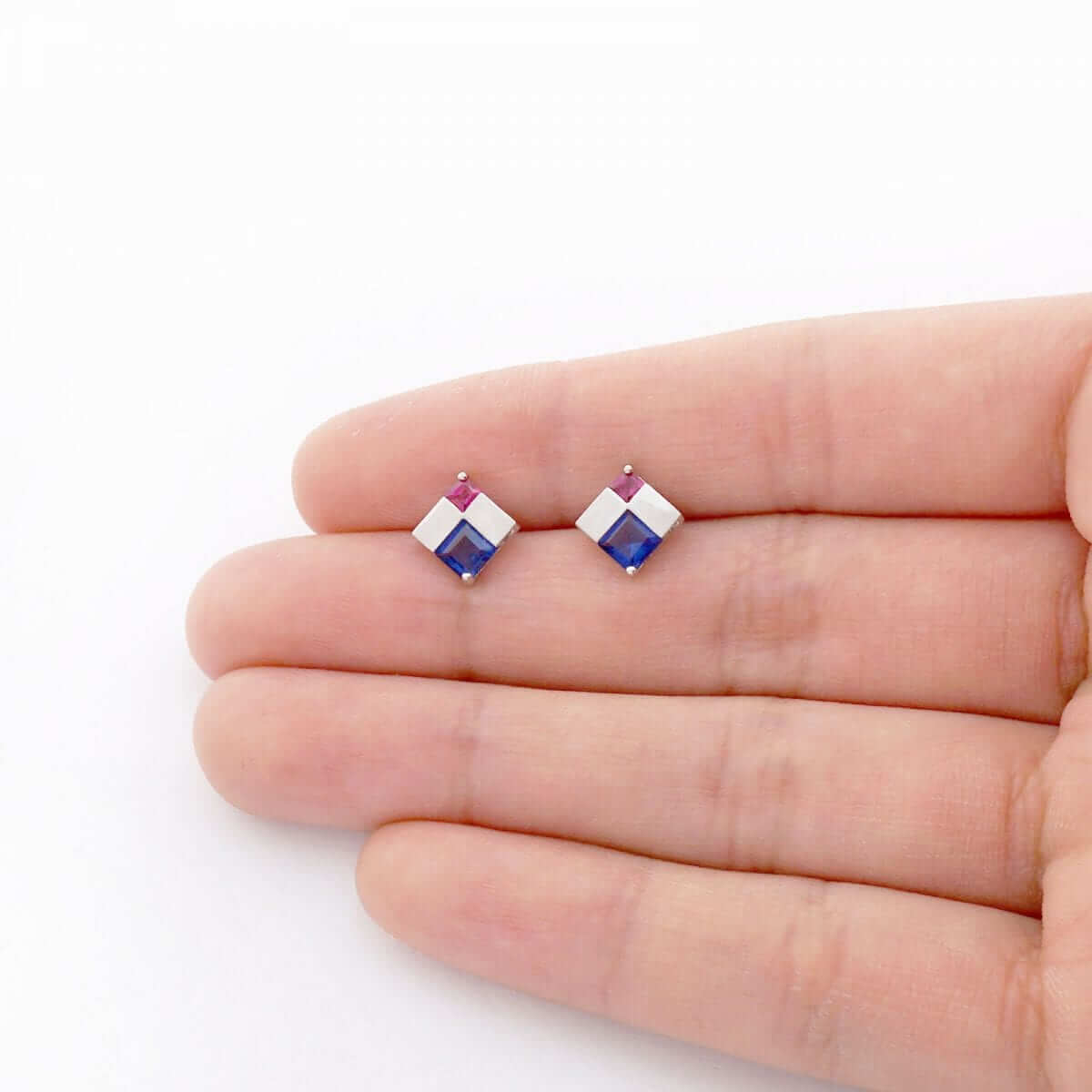 Princess-Cut Sapphire & Ruby Gemstone Screwback Stud Earrings 14k Yellow Gold
