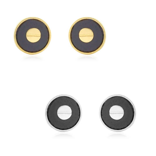 Black Onyx Round Button Shaped 14k Yellow Gold Stud Screw Back Earrings