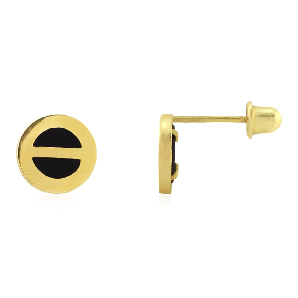 Real Onyx Round Button Shaped Scrweback Stud Earrings 14k Yellow Gold
